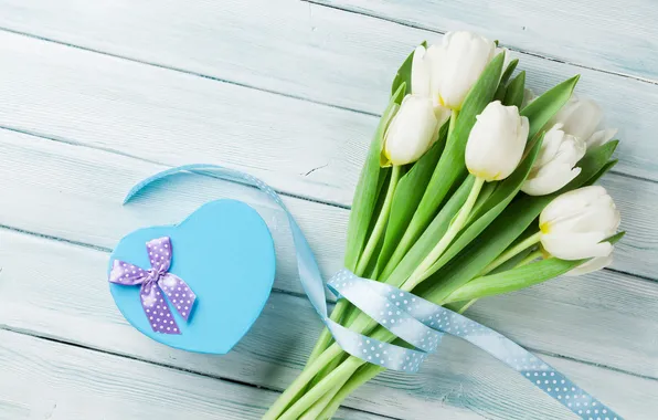 Flowers, gift, bouquet, tulips, love, white, heart, wood