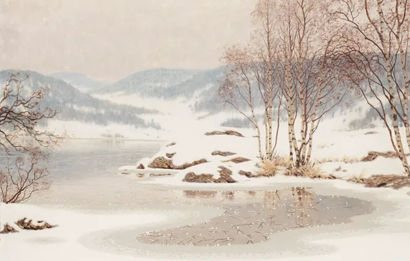 Picture winter, snow, river, ice, birch, Gustaf Fjaestad