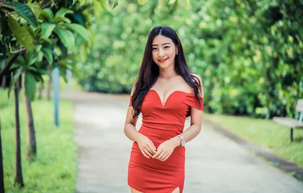 Sexy, smile, dress, brunette, neckline, Asian, bokeh
