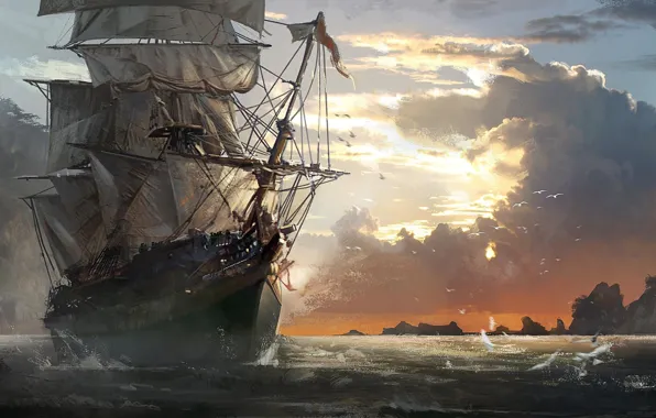 Picture Assasin Creed, seagulls on the sea, rocky shore, the sky in the clouds, sailing ship, …