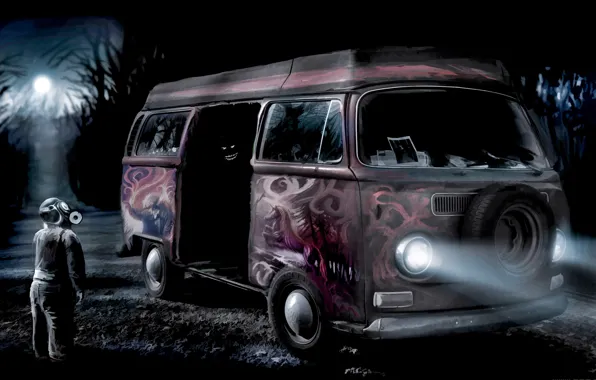 Picture graffiti, people, mask, bus, Romantically Apocalyptic, don't procure confectionary from questionable vans