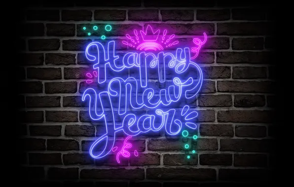 New year, Holiday, Happy New Year, New Year, Brick wall, Neon sign, Dark background, Celebrations