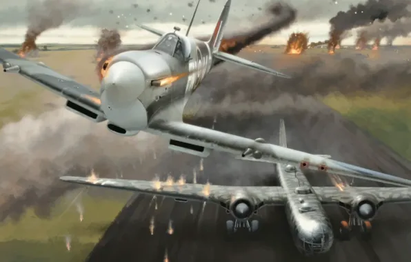 Picture war, art, airplane, Spitfire, painting, ww2, attack, Heinkel He 177