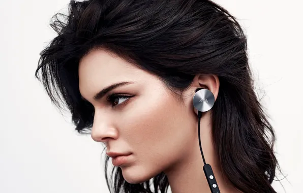 Model, headphones, brunette, profile, Kendall Jenner
