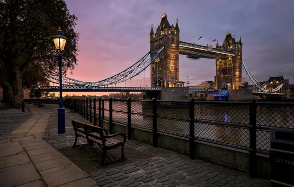 River, England, London, lantern, Thames, Tower bridge, promenade, bench