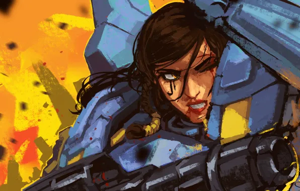 Picture girl, gun, armor, blizzard, art, overwatch, pharah