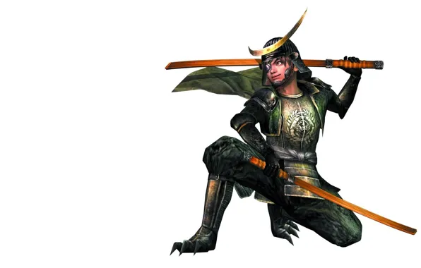 Katana, armor, samurai, claws, white background, gloves, helmet, on my knees