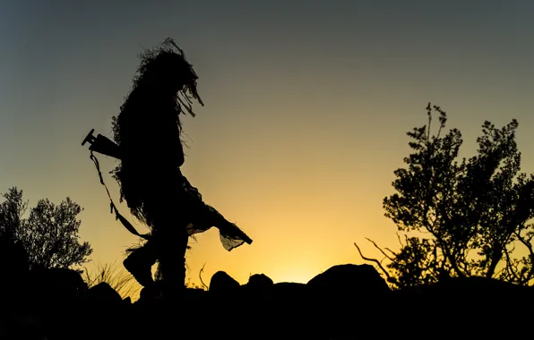 Sunset, the evening, silhouette, disguise, sniper, rifle