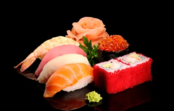 Picture greens, fish, figure, black background, caviar, sushi, shrimp, seafood