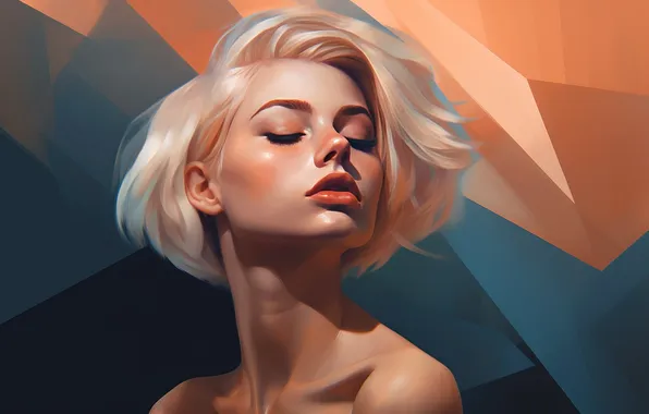 Picture short hair, women, face, blonde, simple background, closed eyes, bare shoulders, AI art
