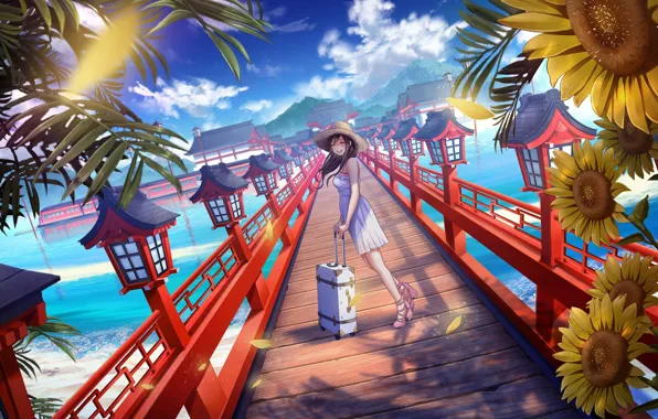 Picture sea, beach, the sky, water, girl, clouds, sunflowers, flowers