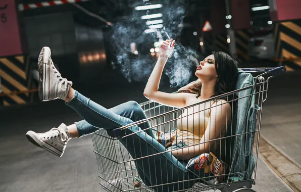 Picture girl, pose, mood, feet, sneakers, the situation, jeans, cigarette