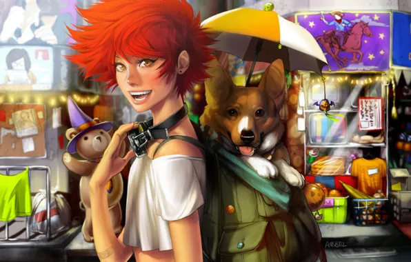 Girl, joy, dog, hat, umbrella, anime, bear, art