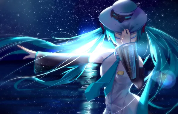 Picture the sky, girl, stars, night, the ocean, the moon, hat, anime