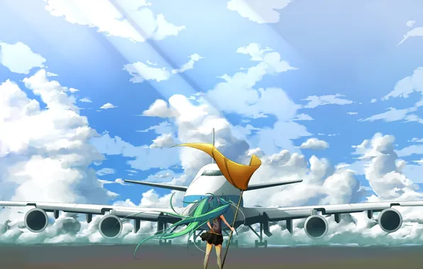 The sky, girl, clouds, the plane, flag, art, vocaloid, hatsune miku