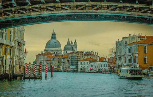 Picture bridge, boat, Italy, Venice, The Grand canal, Santa Maria della Salute