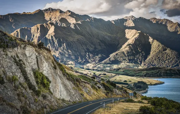 Road, mountains, New Zealand, Otago