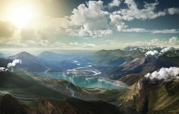 Clouds, mountains, lake