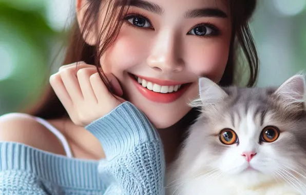 Cat, cat, girl, smile, kitty, portrait, Asian, pet