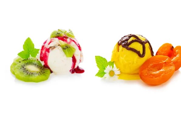 Berries, chocolate, kiwi, ice cream, apricot, mint, syrup