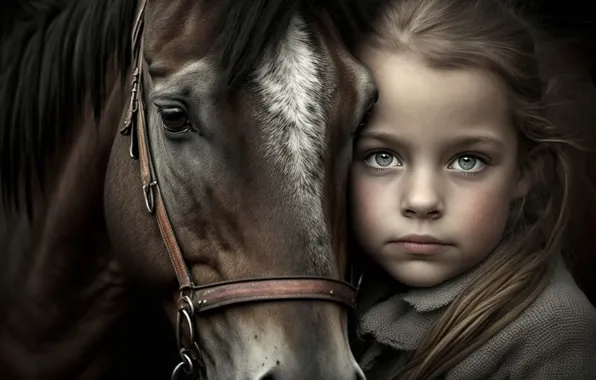 Look, horse, horse, graphics, portrait, art, girl, friends