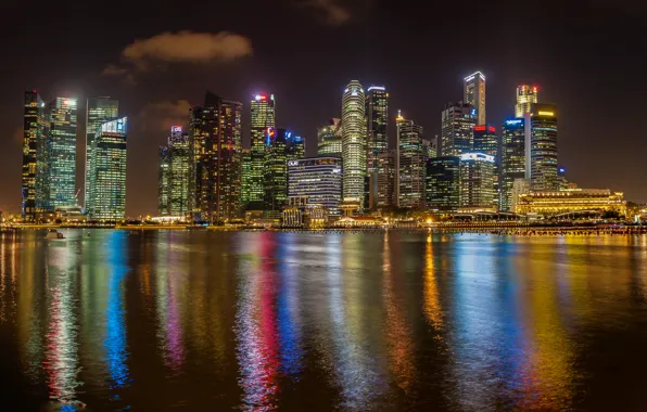 Night, lights, coast, skyscrapers, Bay, Singapore