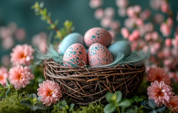 Flowers, eggs, spring, colorful, Easter, happy, flowers, spring