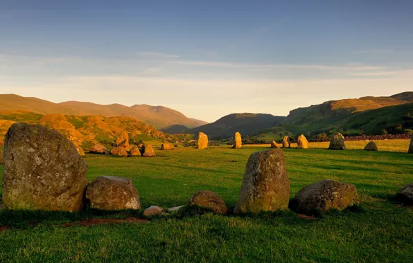 Greens, field, summer, the sky, grass, clouds, mountains, stones