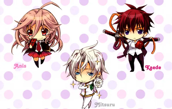 Katana, blue eyes, students, pink hair, chibiki, anise yumamoto, kaede higa, kiss of rose princess