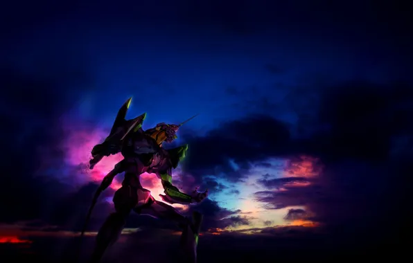 Picture the sky, clouds, sunset, night, robot, anime, art, Neon Genesis Evangelion