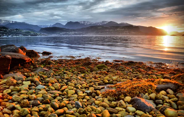 Sea, sunset, mountains, stones, coast, Norway, The hardangerfjord