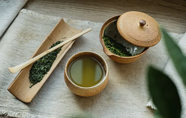 Leaves, green, tea, towel, spoon, the tea party, Cup, welding