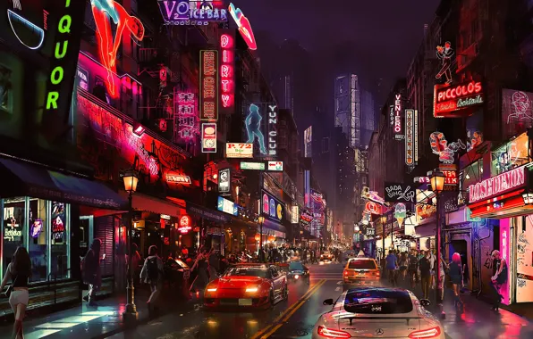 Night, city, the city, people, cars, cars, night, people