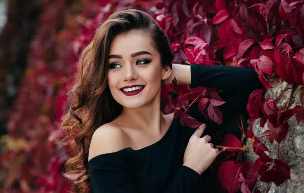 Picture look, leaves, girl, face, smile, wall, hair, makeup