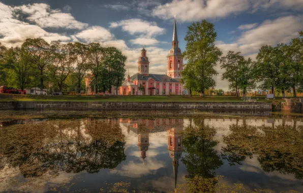 Trees, reflection, Church, channel, temple, Russia, The Cathedral of the Annunciation, Leningrad oblast