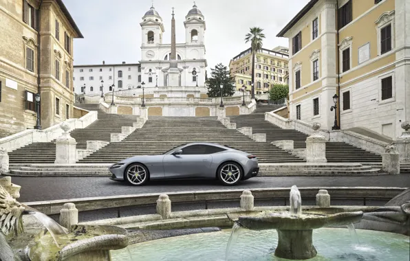 Italy, fountain, Ferrari, supercar, side view, Roma, 2020