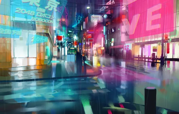 The city, future, rain, cyberpunk