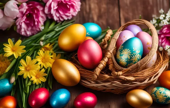 Flowers, holiday, Board, eggs, bouquet, spring, Easter, basket