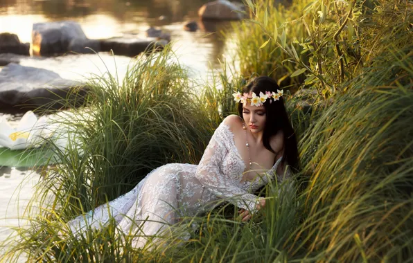 Picture girl, nature, pose, river, figure, beautiful, wreath, Irina Chernyshenko
