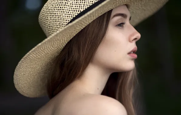 Close-up, face, background, model, portrait, hat, makeup, hairstyle