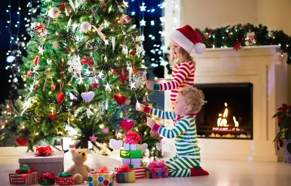 Children, toys, tree, Christmas, New year, fireplace, decoration, garland