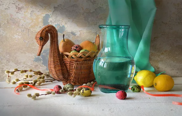 Picture table, basket, eggs, tape, pitcher, fruit, still life, Holiday