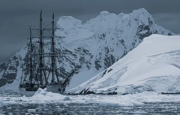 Sea, snow, mountains, sailboat, ice, monochrome, mast, Antarctica