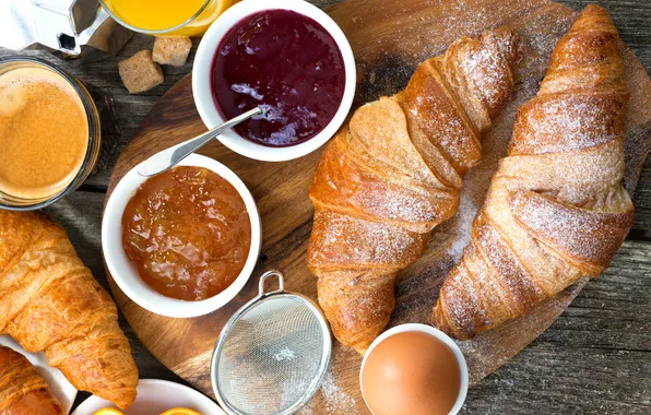 Picture egg, coffee, Breakfast, cakes, jam, croissants