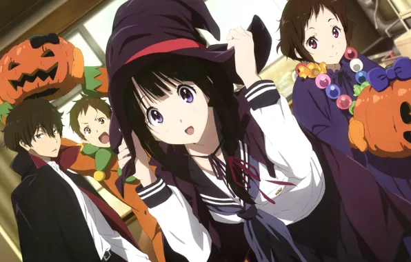 Picture girl, hat, pumpkin, guy, cloak, Hyouk, Mayaka Ibara, Houtarou Oreki