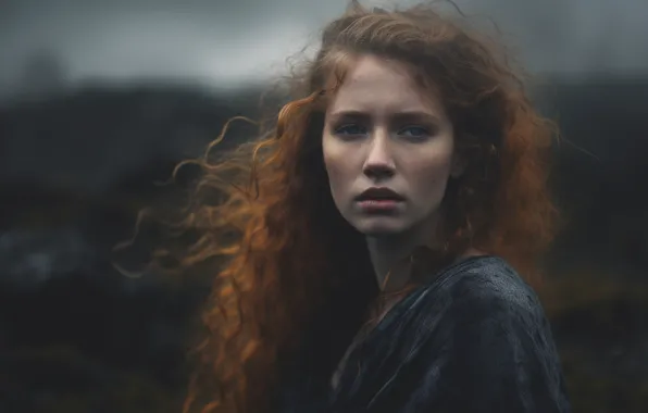 Look, girl, nature, pose, fog, overcast, hills, sadness