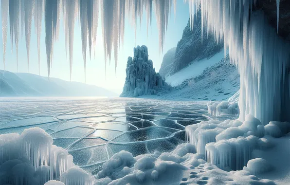 Winter, snow, shore, ice, icicles, iceberg, ice, pond