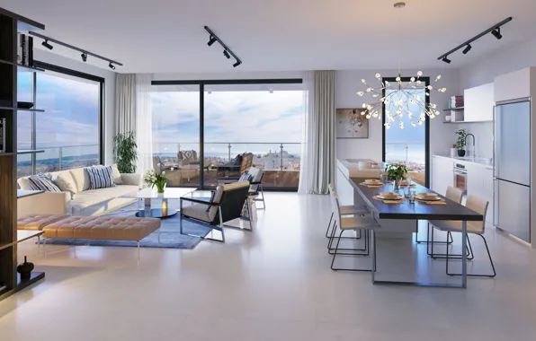 Wallpaper design, the city, style, interior, kitchen, apartment, living ...
