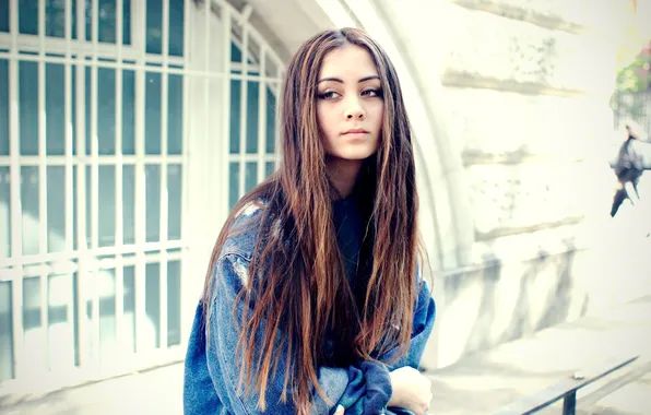 Picture long hair, women, singer, brunette, urban, outdoors, women outdoors, denim jacket