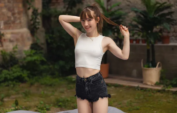 Model, brunette, gorgeous, photoshoot, posing, white top, Asian beauty, beautiful face
